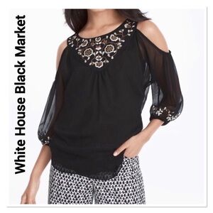 WHITE HOUSE BLACK MARKET Black Floral Embroidered Cold Shoulder Top XS NWT
